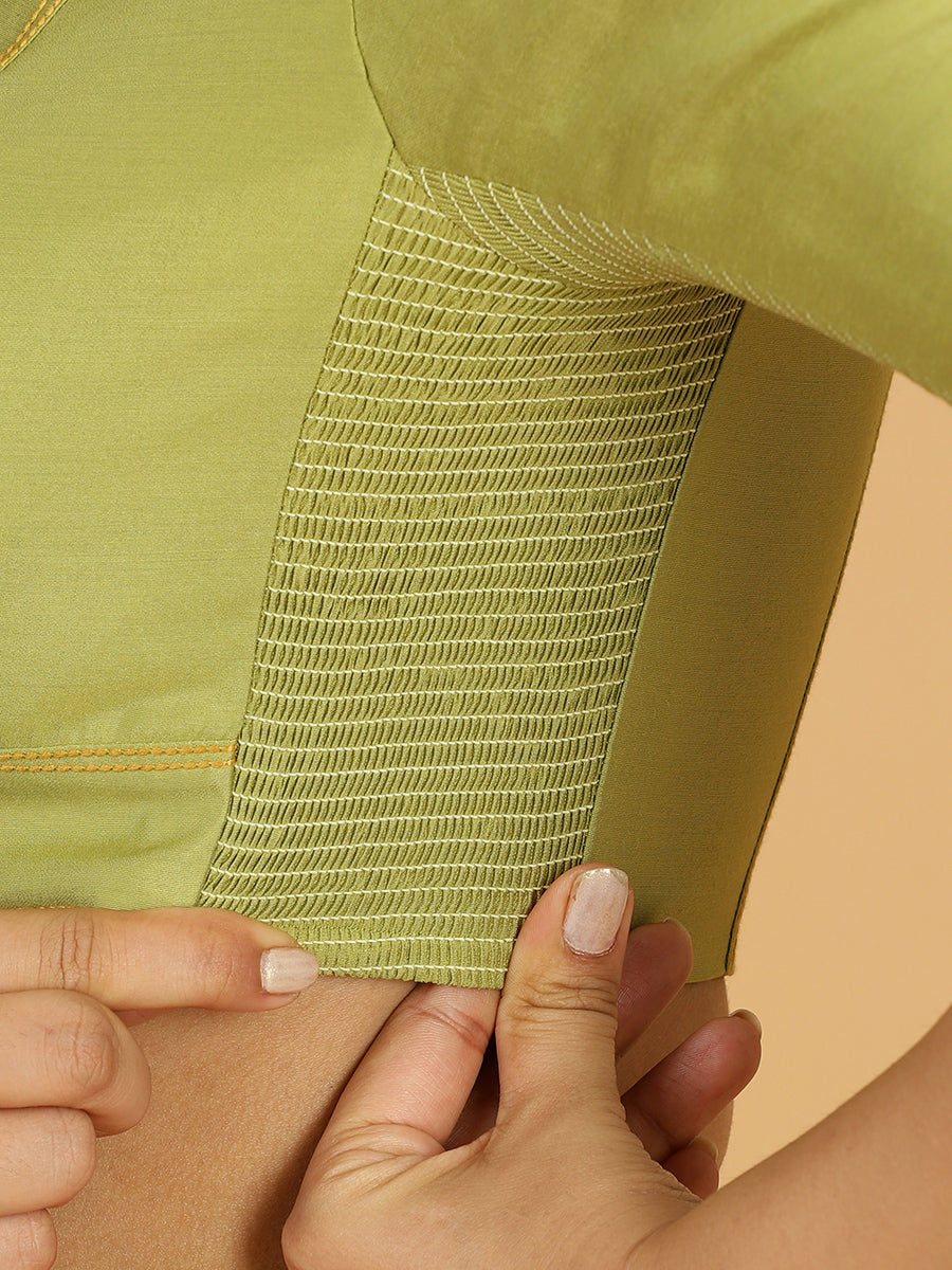Erum x Rozaana Saree Blouse, in Green Viscose, featuring elbow sleeves and curved v-neckline, made for daily & work (view 3).
