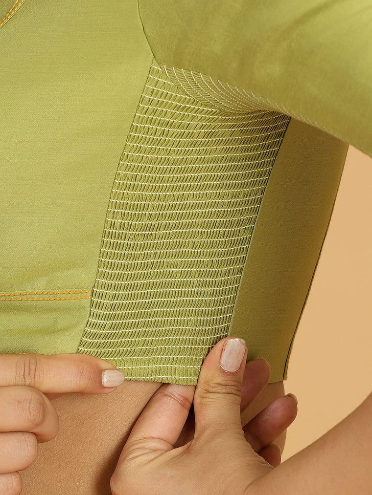 Erum x Rozaana Saree Blouse, in Green Viscose, featuring elbow sleeves and curved v-neckline, made for daily & work (view 3).