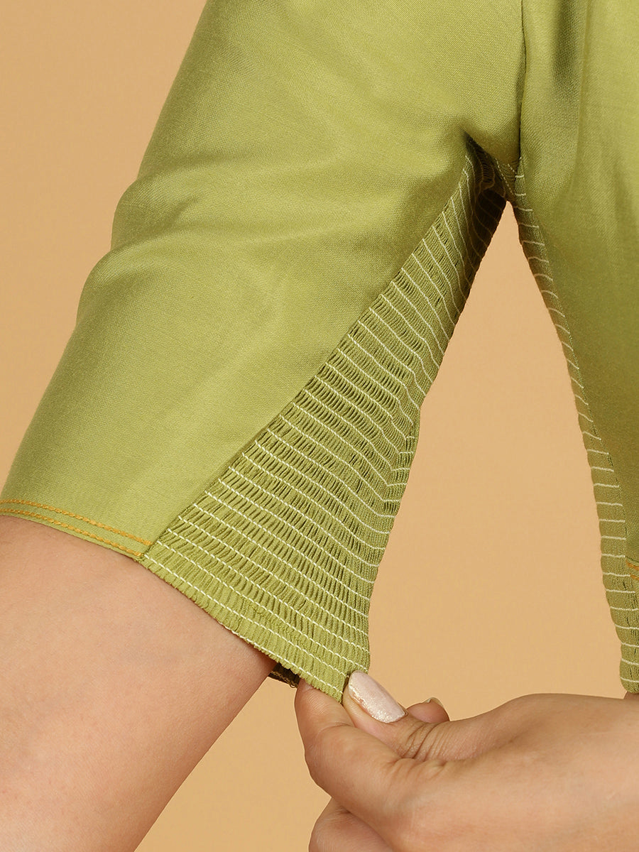 Erum x Rozaana Saree Blouse, in Green Viscose, featuring elbow sleeves and curved v-neckline, made for daily & work (view 4).