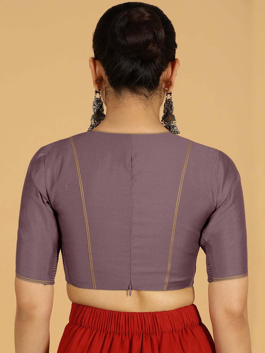 Erum x Rozaana Saree Blouse, in Purple Viscose, featuring elbow sleeves and curved v-neckline, made for daily & work (view 2).