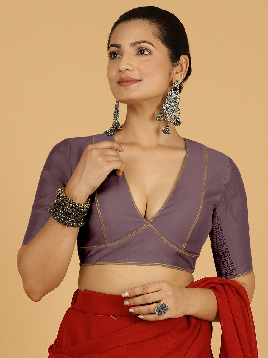 Erum x Rozaana Saree Blouse, in Purple Viscose, featuring elbow sleeves and curved v-neckline, made for daily & work (view 8).