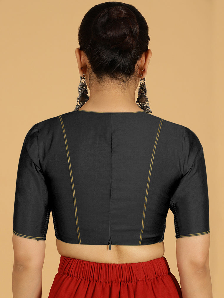 Erum x Rozaana Saree Blouse, in Black Viscose, featuring elbow sleeves and curved v-neckline, made for daily & work (view 2).