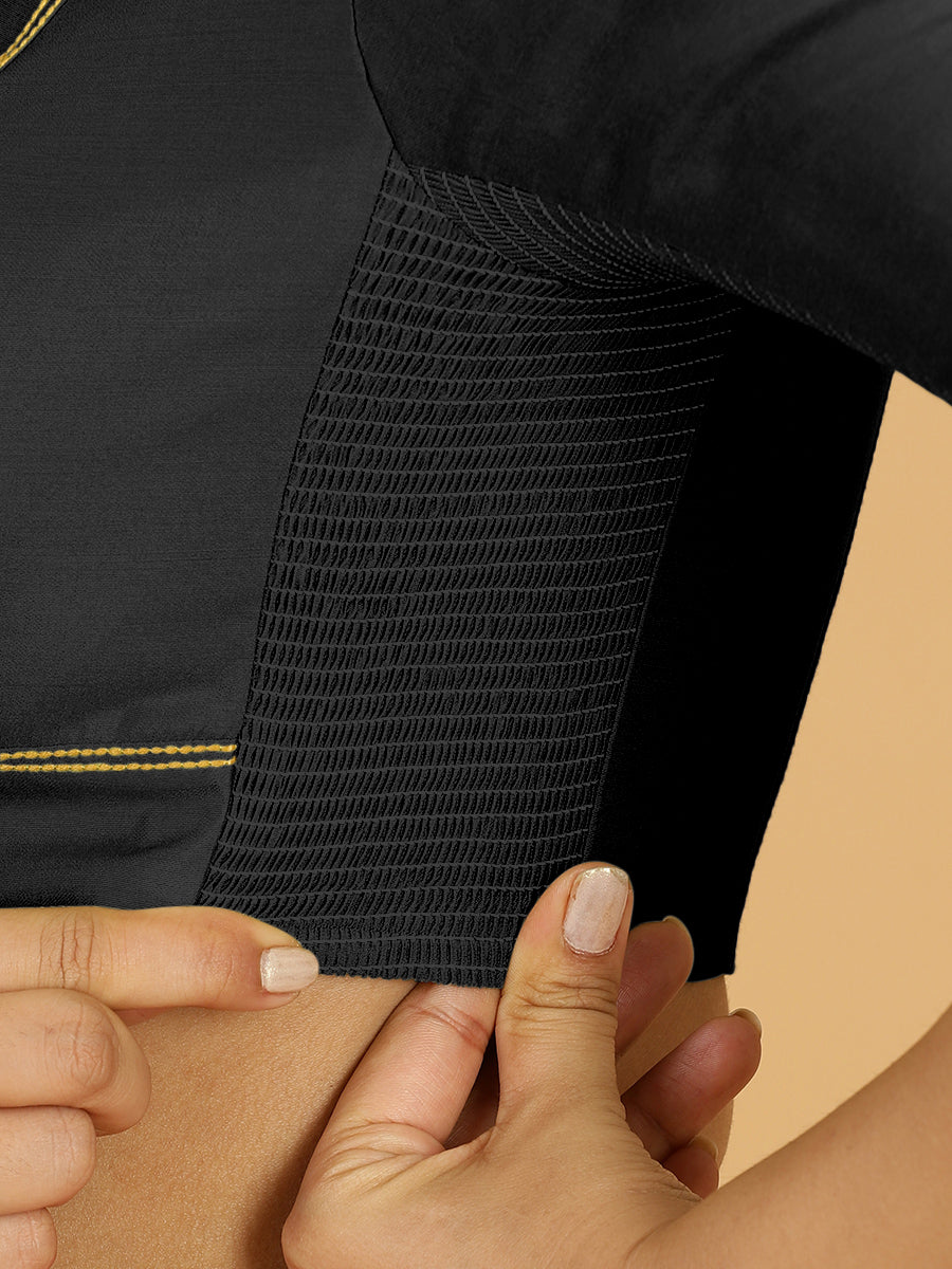 Erum x Rozaana Saree Blouse, in Black Viscose, featuring elbow sleeves and curved v-neckline, made for daily & work (view 3).