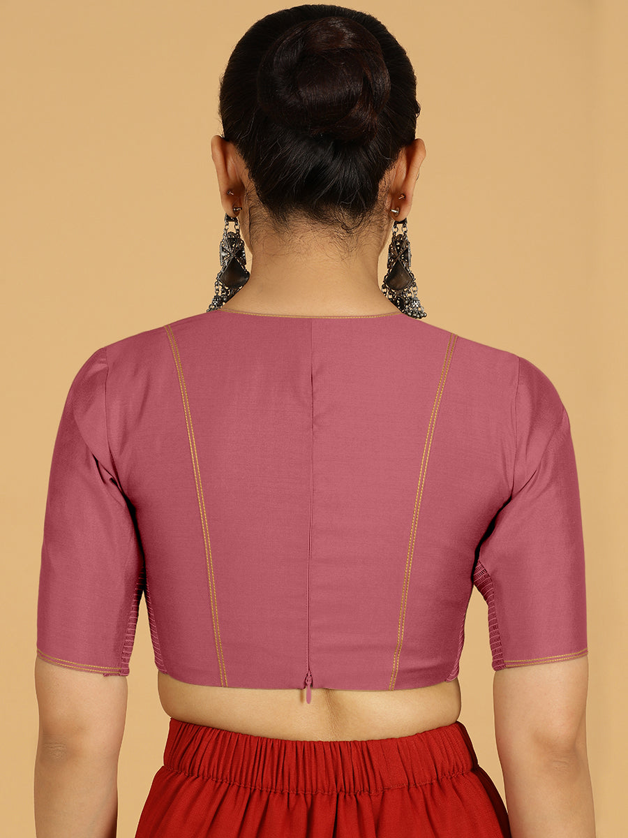 Erum x Rozaana Saree Blouse, in Pink Viscose, featuring elbow sleeves and curved v-neckline, made for daily & work (view 2).