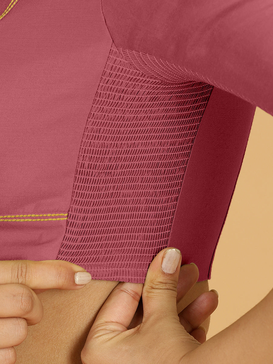 Erum x Rozaana Saree Blouse, in Pink Viscose, featuring elbow sleeves and curved v-neckline, made for daily & work (view 3).