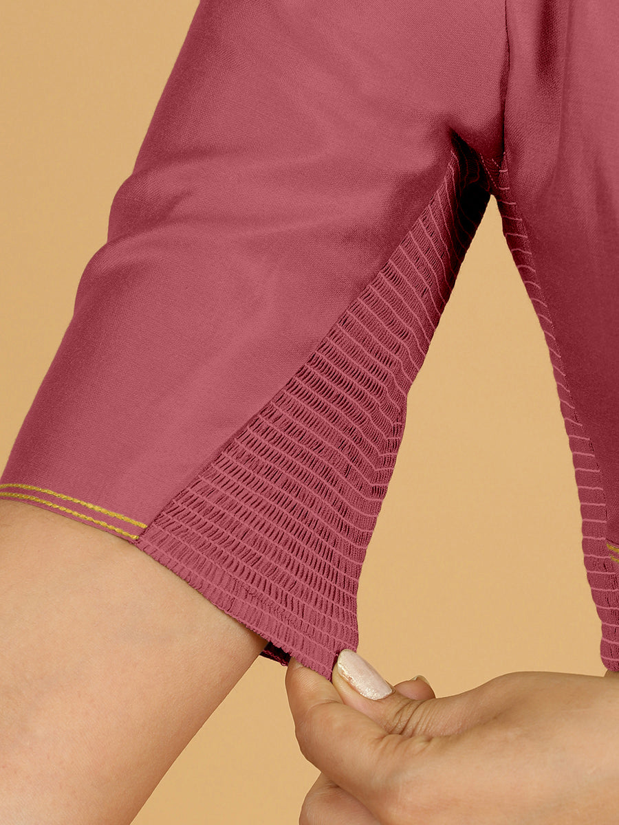 Erum x Rozaana Saree Blouse, in Pink Viscose, featuring elbow sleeves and curved v-neckline, made for daily & work (view 4).