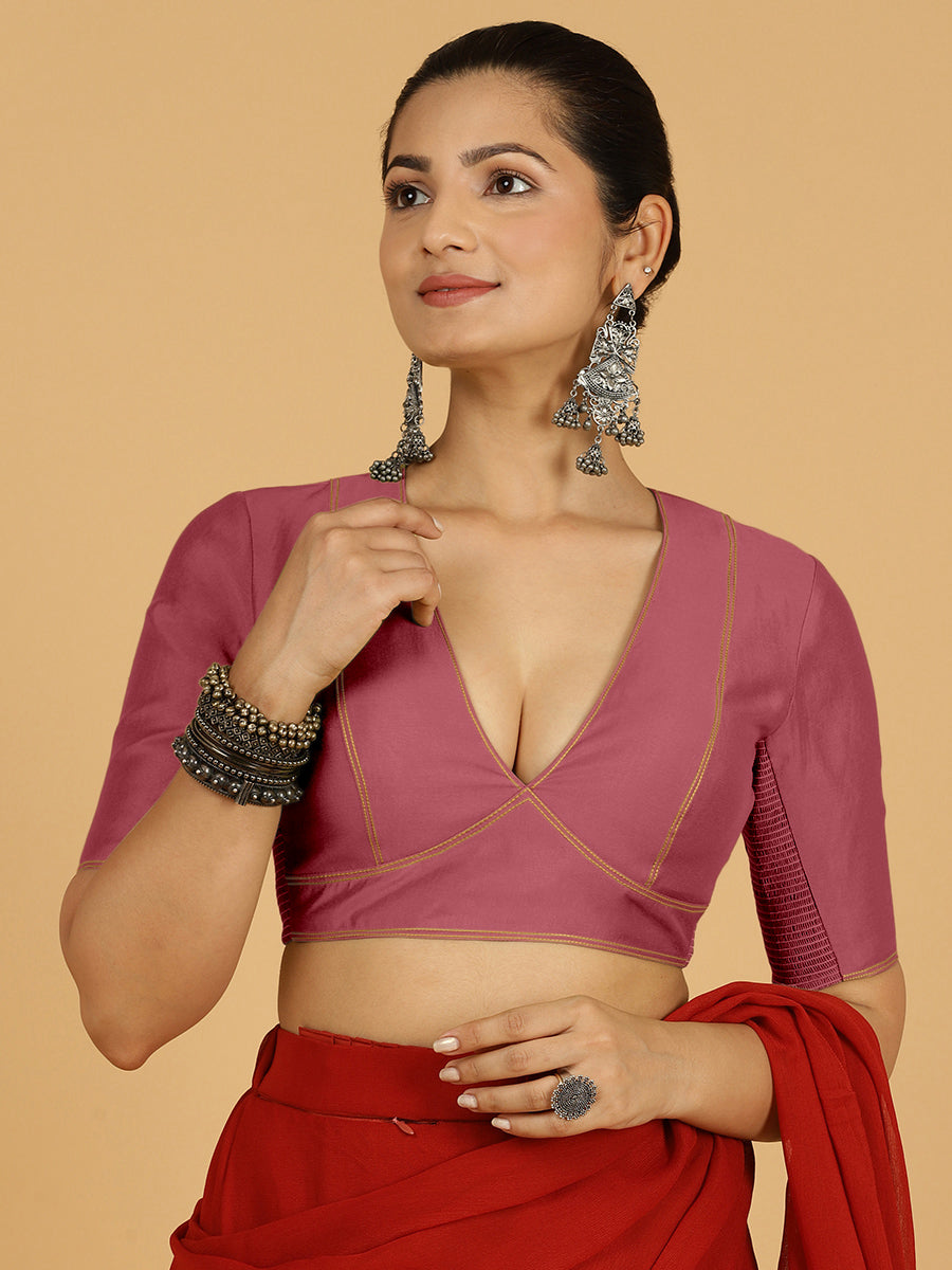 Erum x Rozaana Saree Blouse, in Pink Viscose, featuring elbow sleeves and curved v-neckline, made for daily & work (view 8).