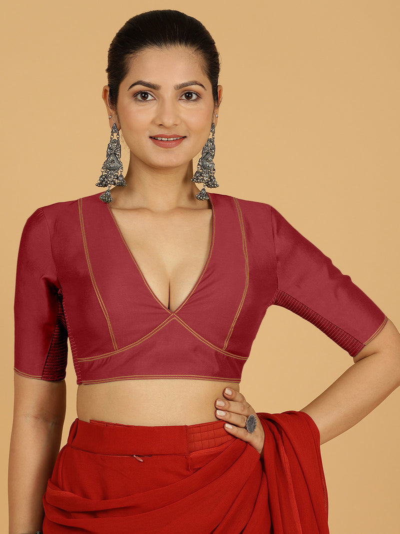 Erum x Rozaana | Elbow Sleeves Saree Blouse in Scarlet Red-Binks