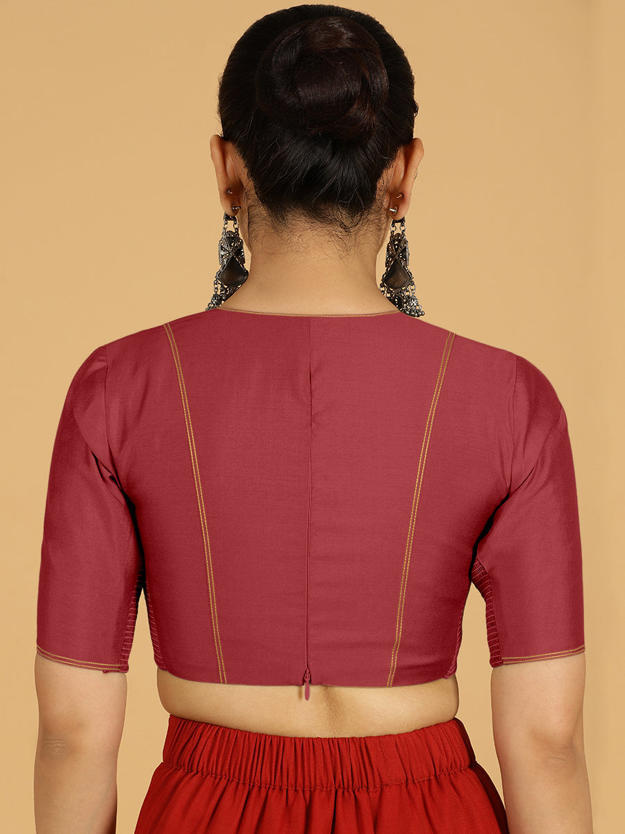 Erum x Rozaana Saree Blouse, in Red Viscose, featuring elbow sleeves and curved v-neckline, made for daily & work (view 2).