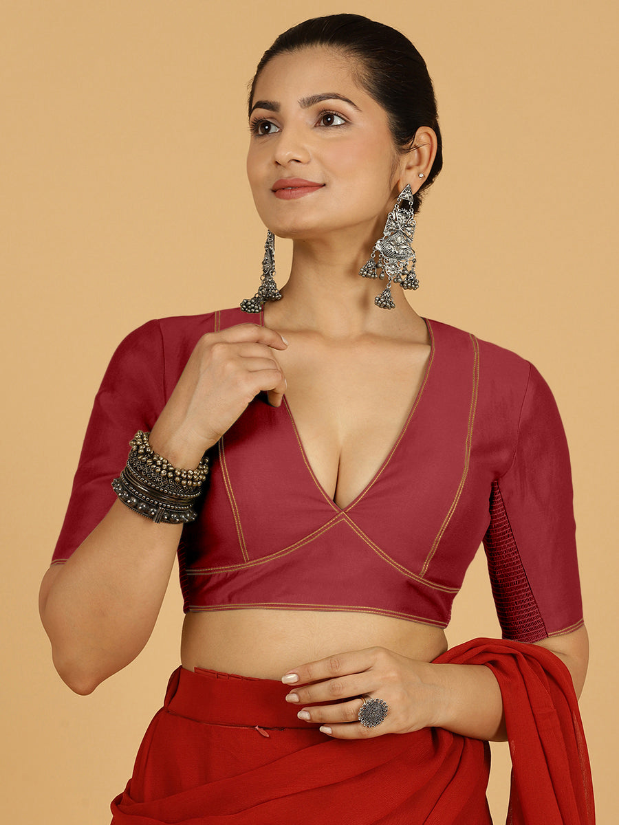 Erum x Rozaana Saree Blouse, in Red Viscose, featuring elbow sleeves and curved v-neckline, made for daily & work (view 8).
