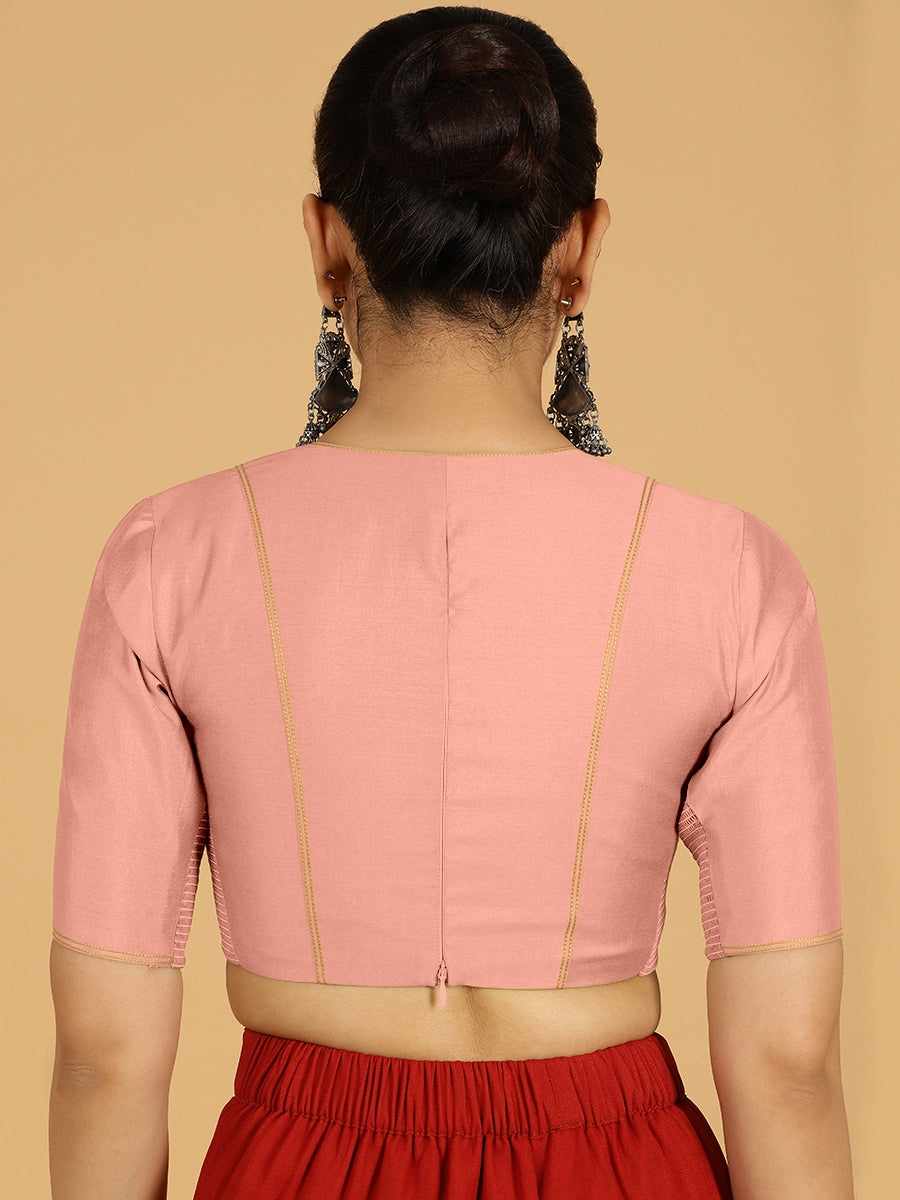 Erum x Rozaana Saree Blouse, in Pink Viscose, featuring elbow sleeves and curved v-neckline, made for daily & work (view 2).