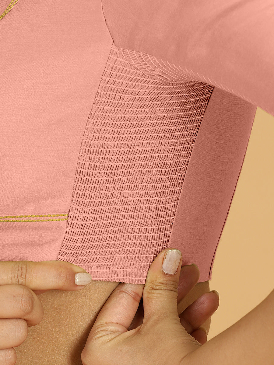 Erum x Rozaana Saree Blouse, in Pink Viscose, featuring elbow sleeves and curved v-neckline, made for daily & work (view 3).