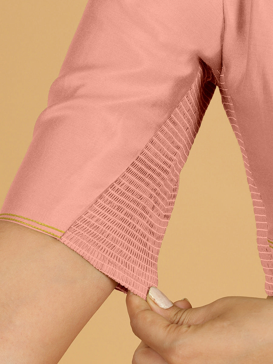 Erum x Rozaana Saree Blouse, in Pink Viscose, featuring elbow sleeves and curved v-neckline, made for daily & work (view 4).