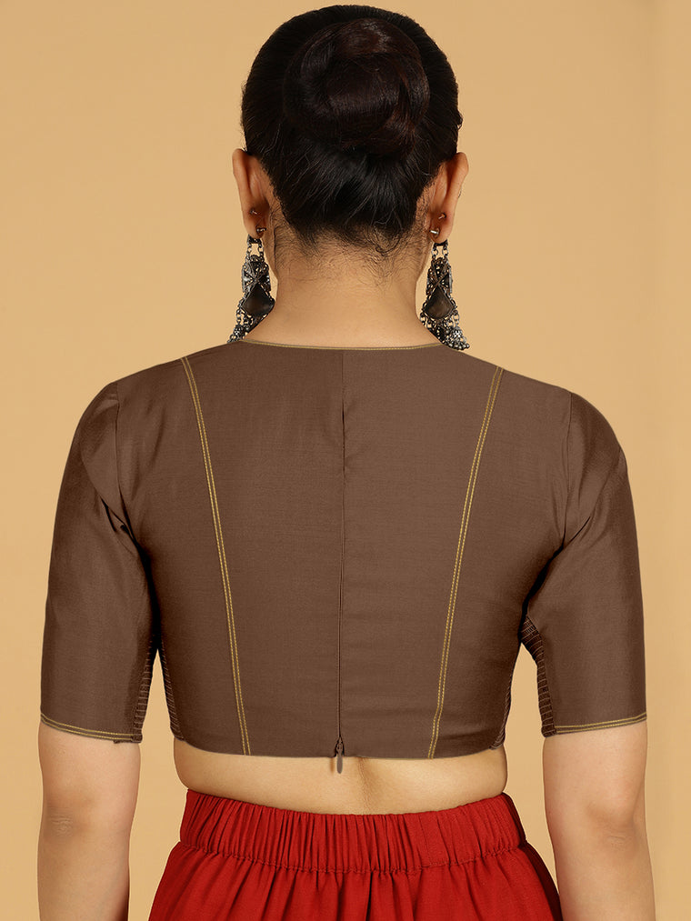 Erum x Rozaana Saree Blouse, in Brown Viscose, featuring elbow sleeves and curved v-neckline, made for daily & work (view 2).