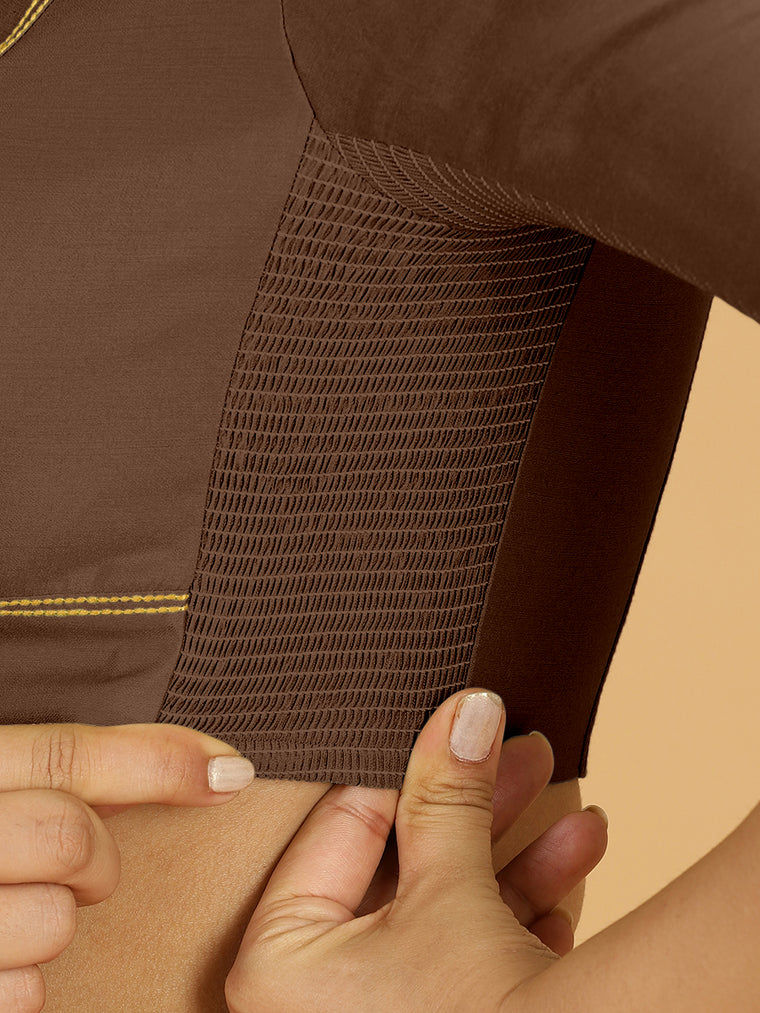 Erum x Rozaana Saree Blouse, in Brown Viscose, featuring elbow sleeves and curved v-neckline, made for daily & work (view 3).