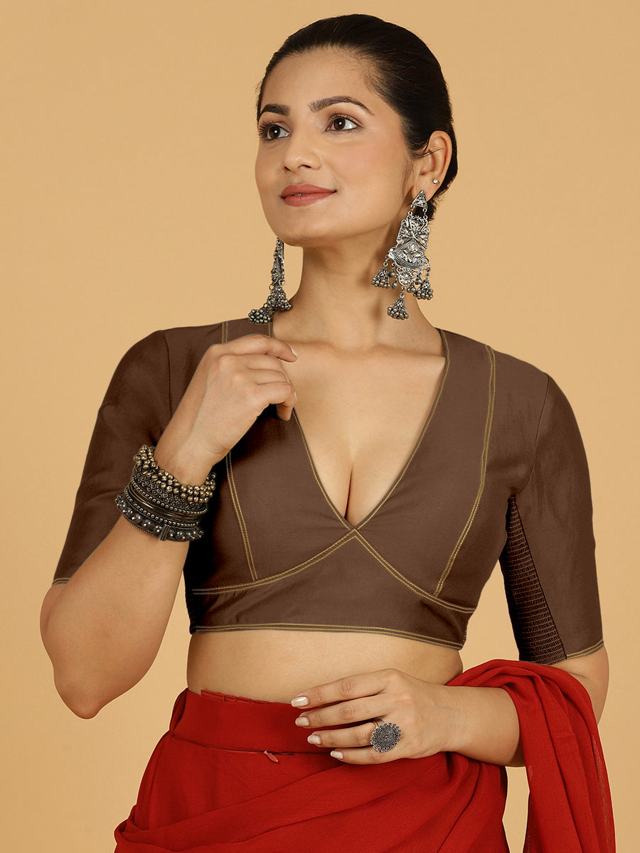 Erum x Rozaana Saree Blouse, in Brown Viscose, featuring elbow sleeves and curved v-neckline, made for daily & work (view 8).