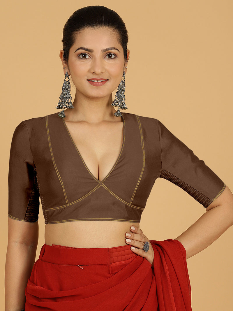 Erum x Rozaana | Elbow Sleeves Saree Blouse in Walnut Brown-Binks