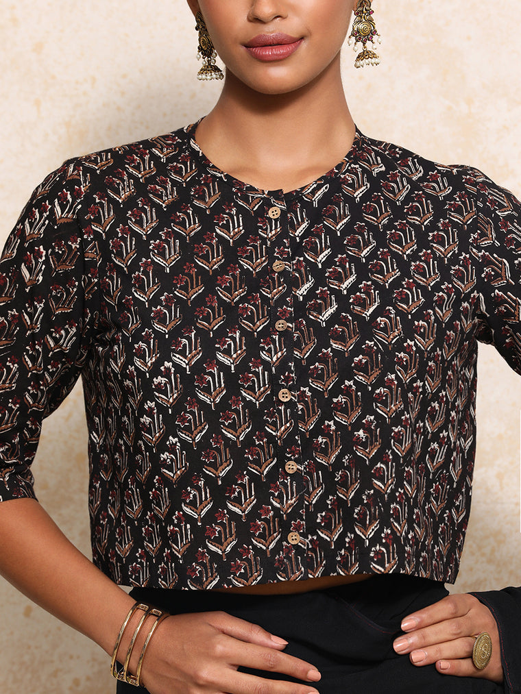 Eshani x Rozaana Saree Blouse, in Black 100% Cotton - Block Printed, featuring elbow sleeves and jewel neckline (view 3).