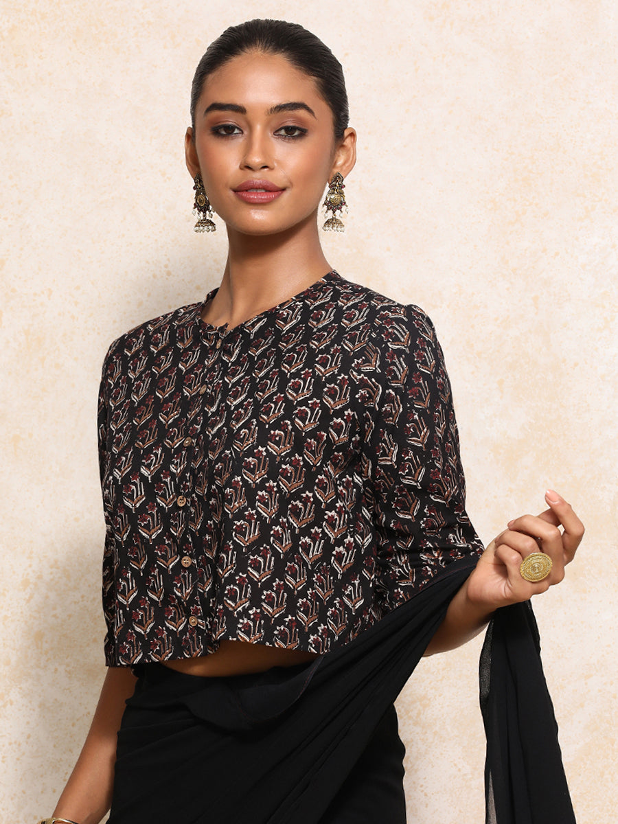 Eshani x Rozaana Saree Blouse, in Black 100% Cotton - Block Printed, featuring elbow sleeves and jewel neckline (view 8).