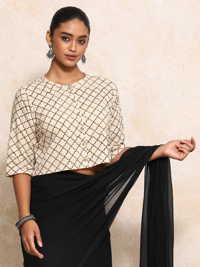 Faina x Rozaana | Elbow Sleeves Saree Blouse in Cream Fishscale Block Print Cotton-Binks