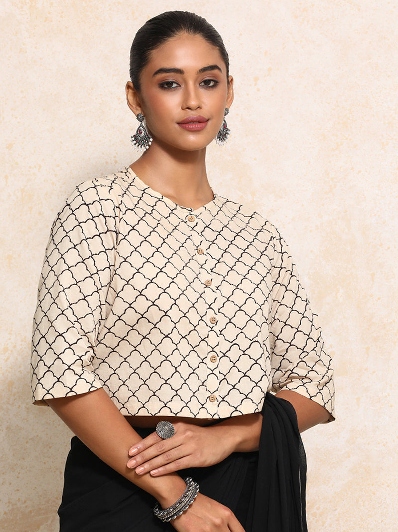 Faina x Rozaana | Elbow Sleeves Saree Blouse in Cream Fishscale Block Print Cotton-Binks
