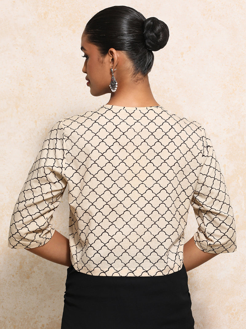 Faina x Rozaana | Elbow Sleeves Saree Blouse in Cream Fishscale Block Print Cotton-Binks