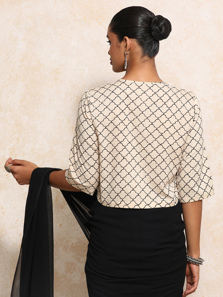 Faina x Rozaana Saree Blouse, in Cream 100% Cotton - Block Printed, featuring elbow sleeves and jewel neckline (view 2).