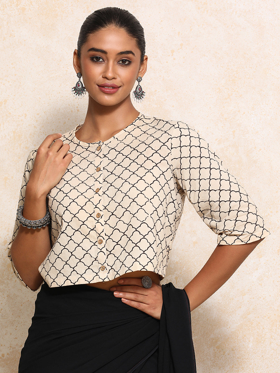 Faina x Rozaana Saree Blouse, in Cream 100% Cotton - Block Printed, featuring elbow sleeves and jewel neckline (view 8).