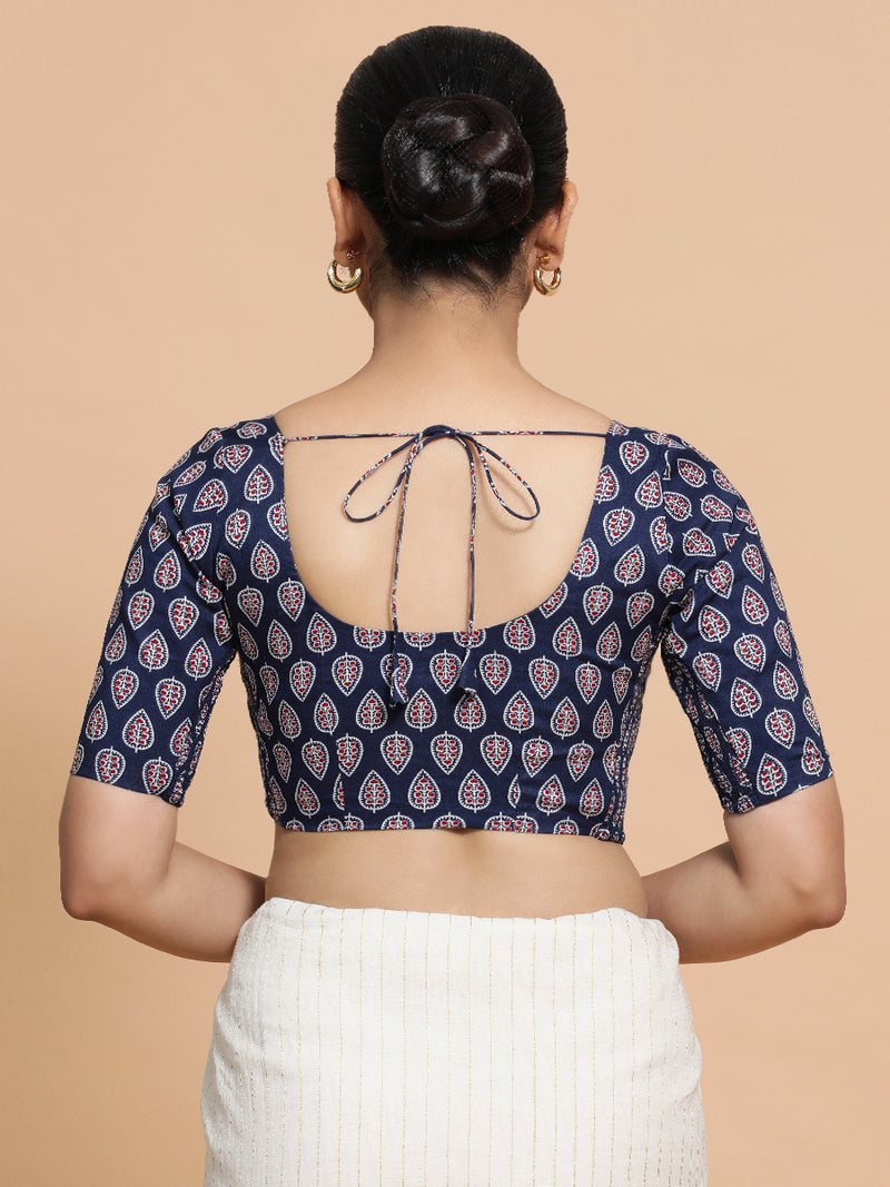 Falguni x Rozaana | Elbow Sleeves Cotton Saree Blouse in Indigo Blue Spade Block Print Fabric-Binks