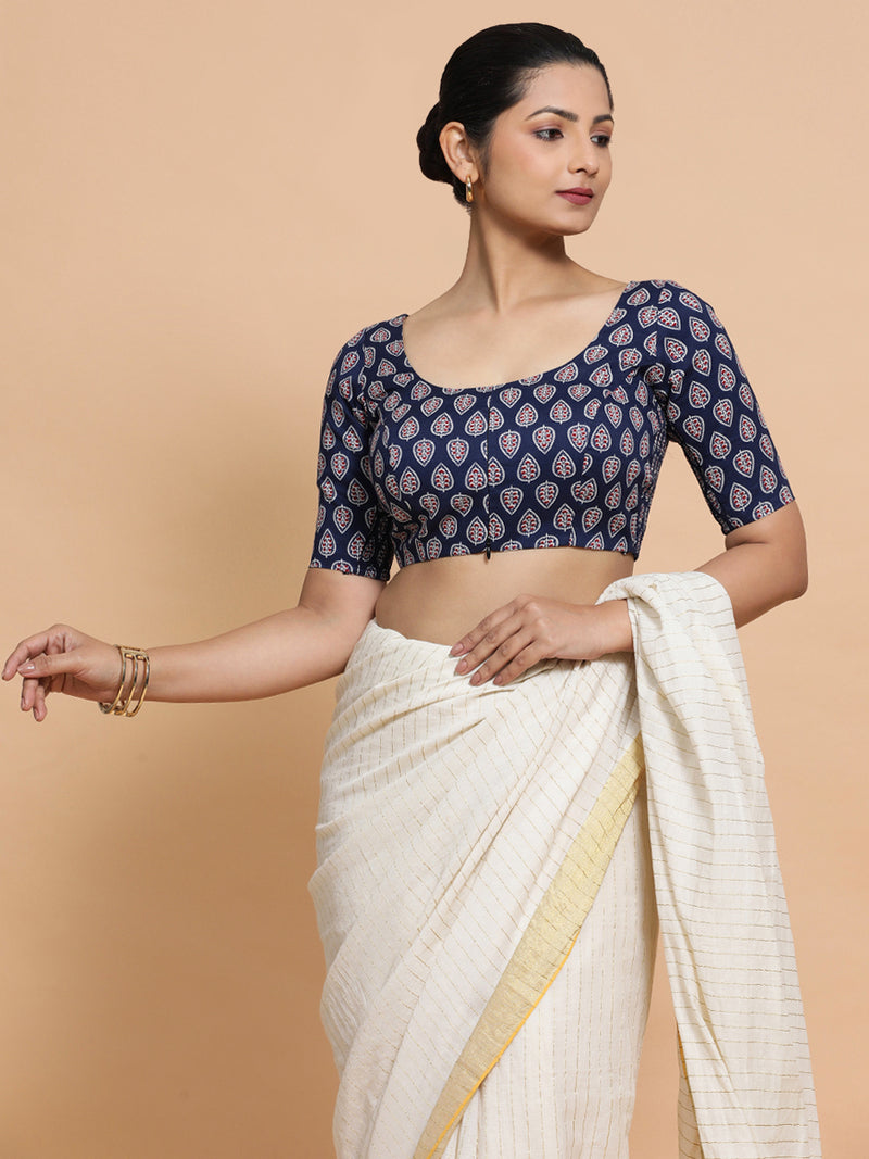 Falguni x Rozaana | Elbow Sleeves Cotton Saree Blouse in Indigo Blue Spade Block Print Fabric-Binks