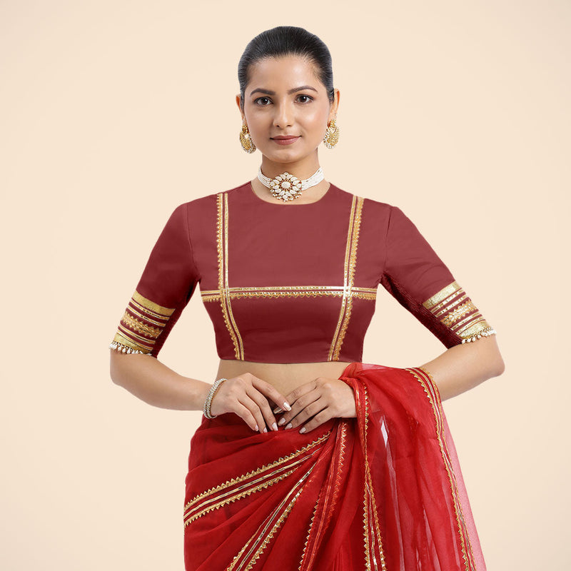 Farheen x Tyohaar | Auburn Red Embellished Elbow Sleeves FlexiFit™ Saree Blouse with Zero Neck with Back Cut-Out and Golden Gota Embellishment-Binks