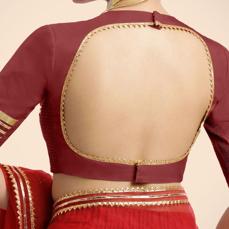 Farheen x Tyohaar | Auburn Red Embellished Elbow Sleeves FlexiFit™ Saree Blouse with Zero Neck with Back Cut-Out and Golden Gota Embellishment-Binks
