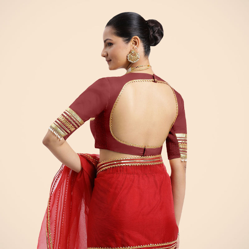 Farheen x Tyohaar | Auburn Red Embellished Elbow Sleeves FlexiFit™ Saree Blouse with Zero Neck with Back Cut-Out and Golden Gota Embellishment-Binks