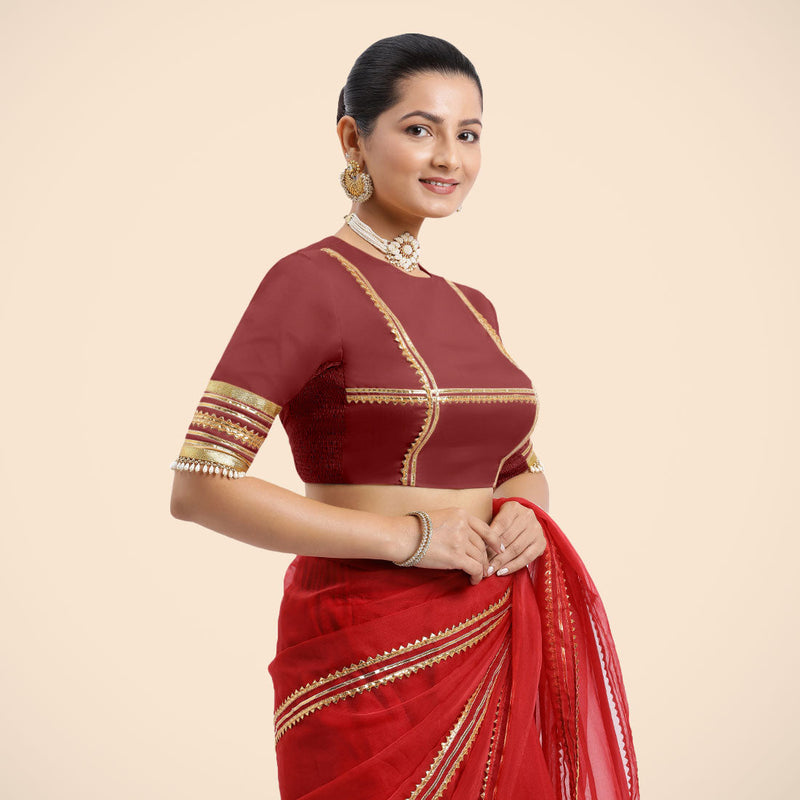 Farheen x Tyohaar | Auburn Red Embellished Elbow Sleeves FlexiFit™ Saree Blouse with Zero Neck with Back Cut-Out and Golden Gota Embellishment-Binks