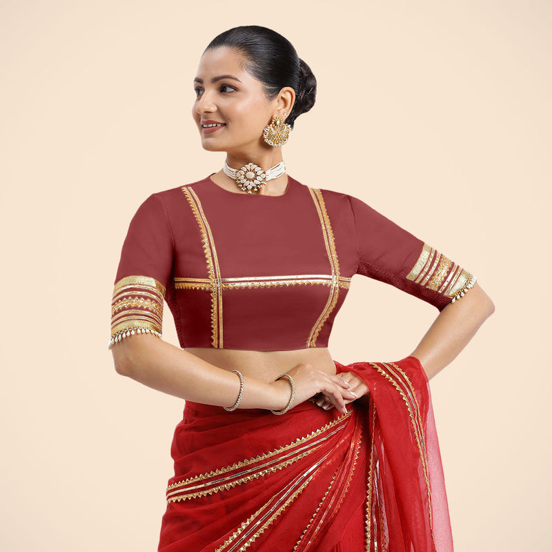 Farheen x Tyohaar | Auburn Red Embellished Elbow Sleeves FlexiFit™ Saree Blouse with Zero Neck with Back Cut-Out and Golden Gota Embellishment-Binks