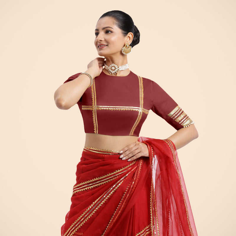 Farheen x Tyohaar | Auburn Red Embellished Elbow Sleeves FlexiFit™ Saree Blouse with Zero Neck with Back Cut-Out and Golden Gota Embellishment-Binks
