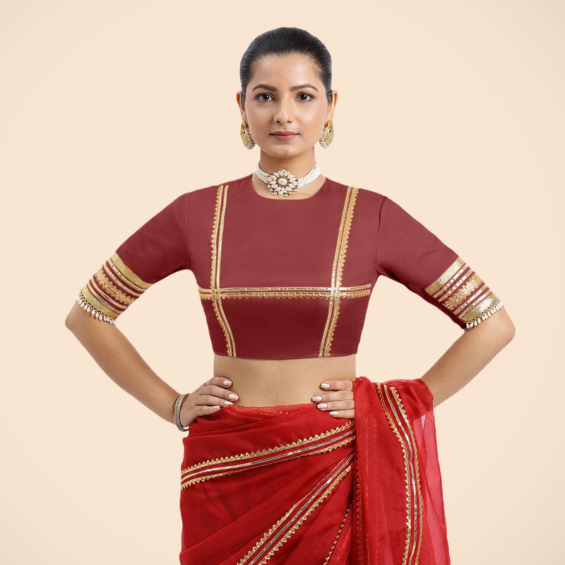 Farheen x Tyohaar | Auburn Red Embellished Elbow Sleeves FlexiFit™ Saree Blouse with Zero Neck with Back Cut-Out and Golden Gota Embellishment-Binks
