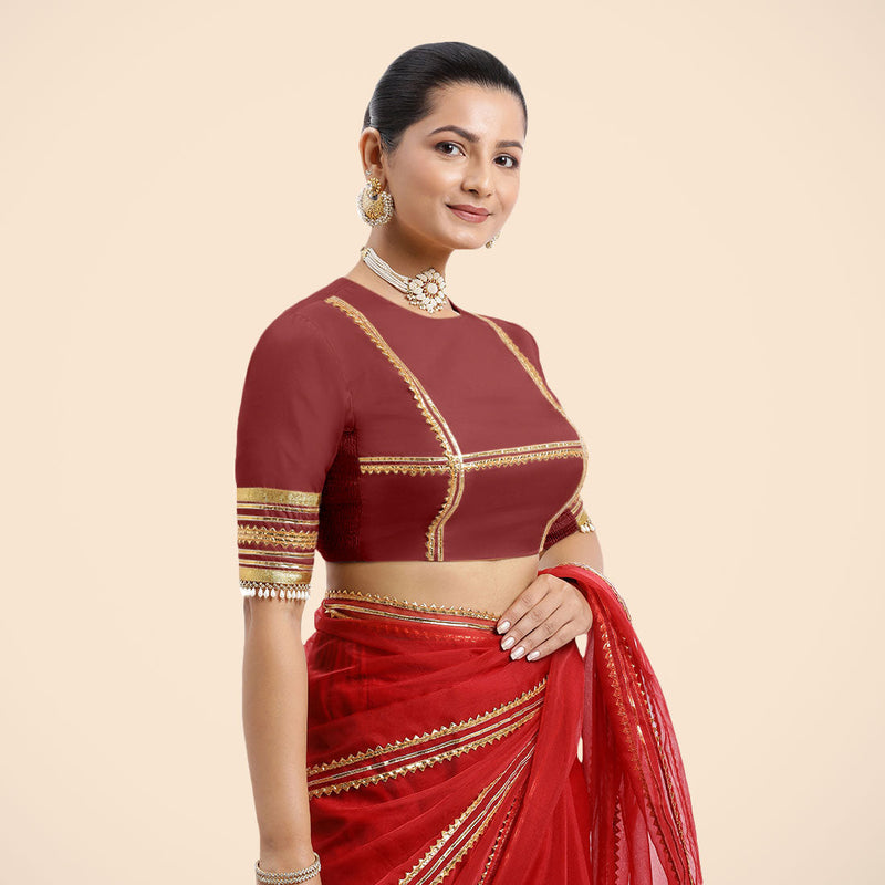 Farheen x Tyohaar | Auburn Red Embellished Elbow Sleeves FlexiFit™ Saree Blouse with Zero Neck with Back Cut-Out and Golden Gota Embellishment-Binks