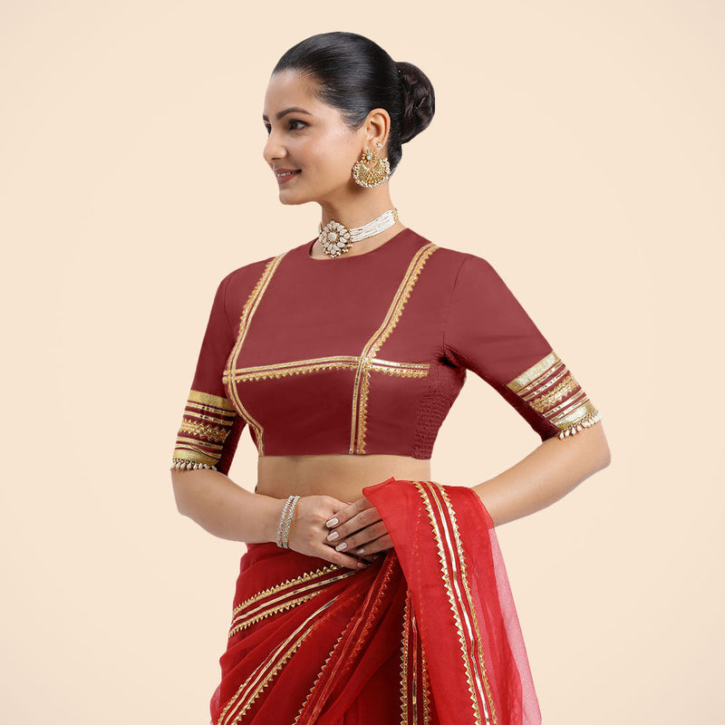 Farheen x Tyohaar | Auburn Red Embellished Elbow Sleeves FlexiFit™ Saree Blouse with Zero Neck with Back Cut-Out and Golden Gota Embellishment-Binks