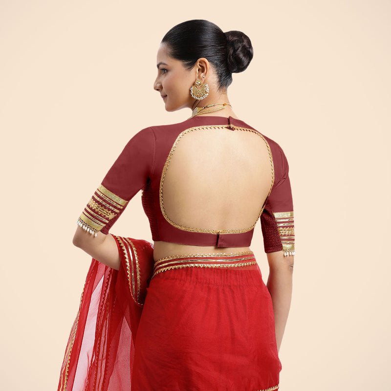 Farheen x Tyohaar | Auburn Red Embellished Elbow Sleeves FlexiFit™ Saree Blouse with Zero Neck with Back Cut-Out and Golden Gota Embellishment-Binks
