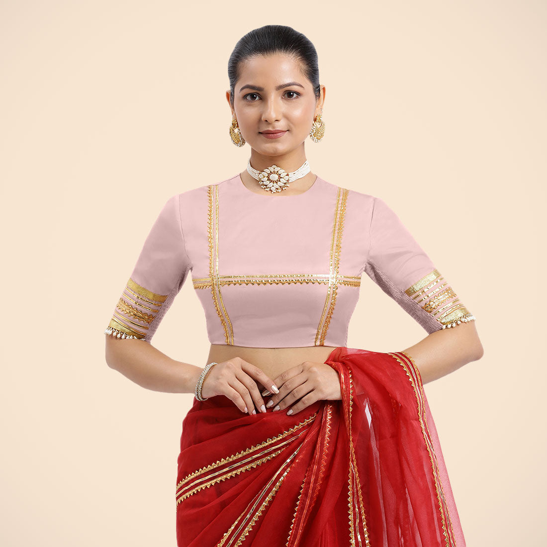 Farheen x Tyohaar Saree Blouse, in Pink Vegan Silk, featuring elbow sleeves and jewel neckline, made for party & festive.