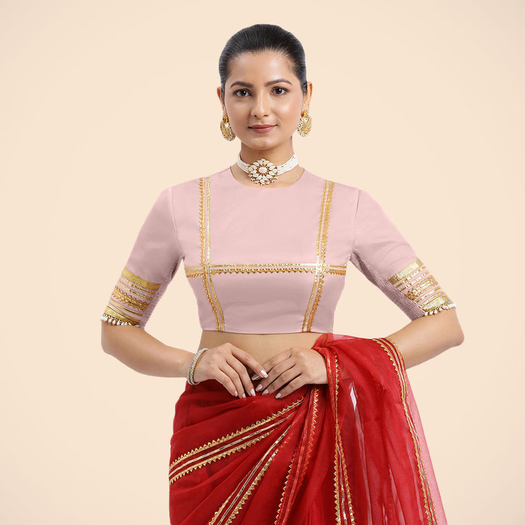 Farheen x Tyohaar Saree Blouse, in Pink Vegan Silk, featuring elbow sleeves and jewel neckline, made for party & festive.