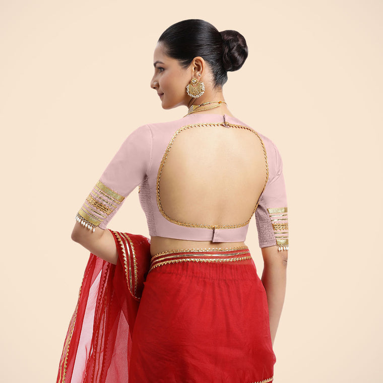 Farheen x Tyohaar Saree Blouse, in Pink Vegan Silk, featuring elbow sleeves and jewel neckline, made for party & festive.