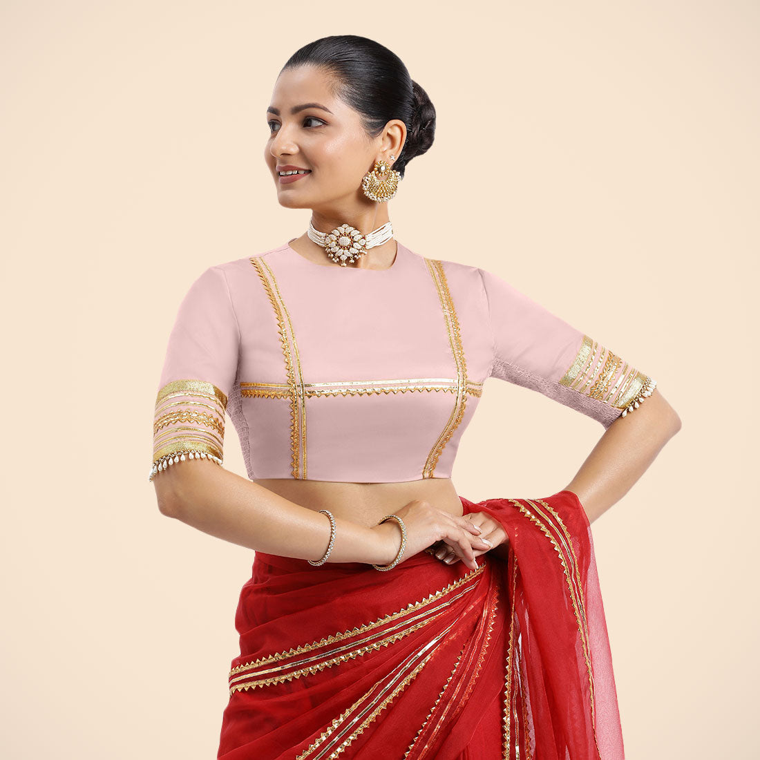 Farheen x Tyohaar Saree Blouse, in Pink Vegan Silk, featuring elbow sleeves and jewel neckline, made for party & festive.