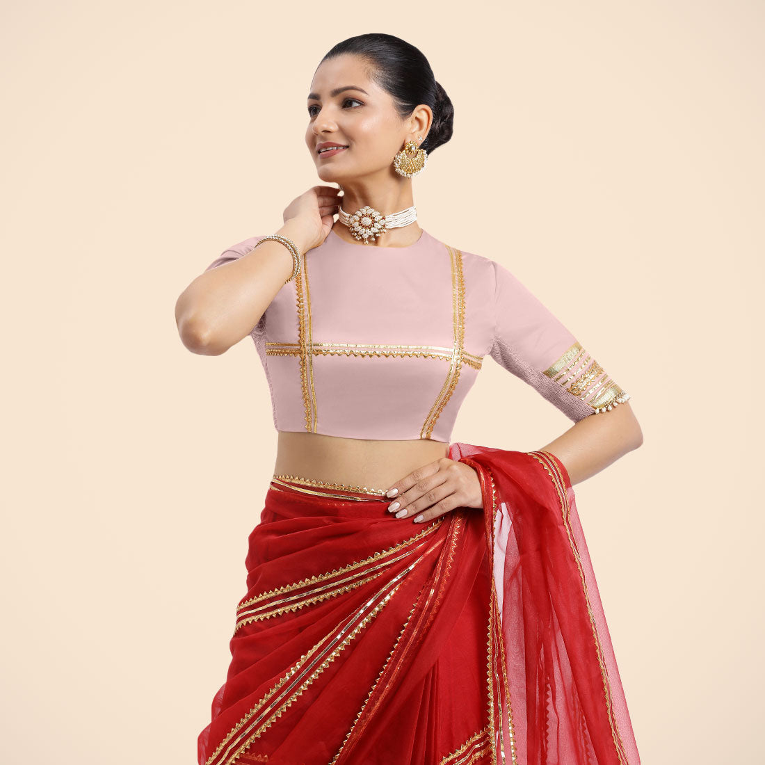 Farheen x Tyohaar Saree Blouse, in Pink Vegan Silk, featuring elbow sleeves and jewel neckline, made for party & festive.