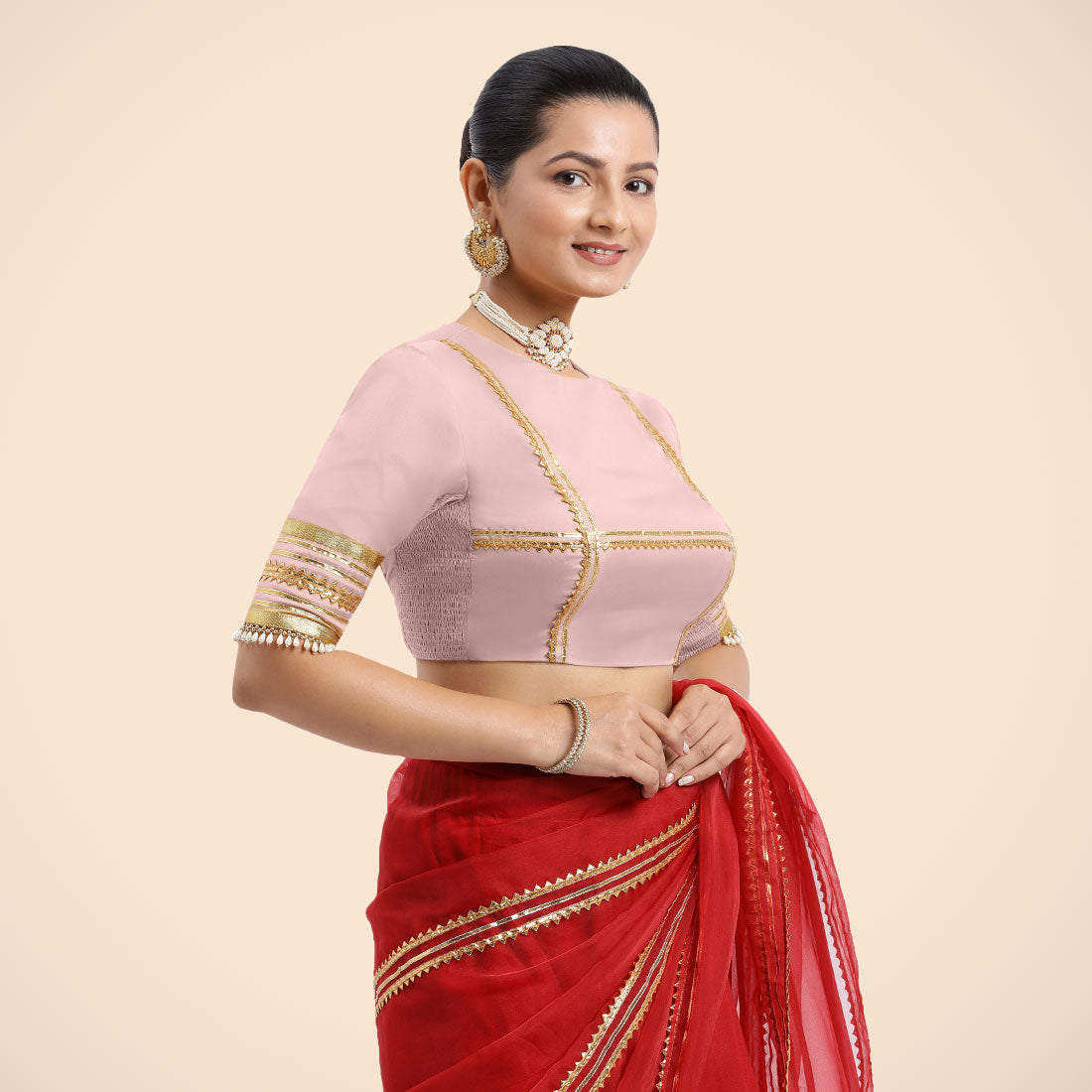 Farheen x Tyohaar Saree Blouse, in Pink Vegan Silk, featuring elbow sleeves and jewel neckline, made for party & festive.
