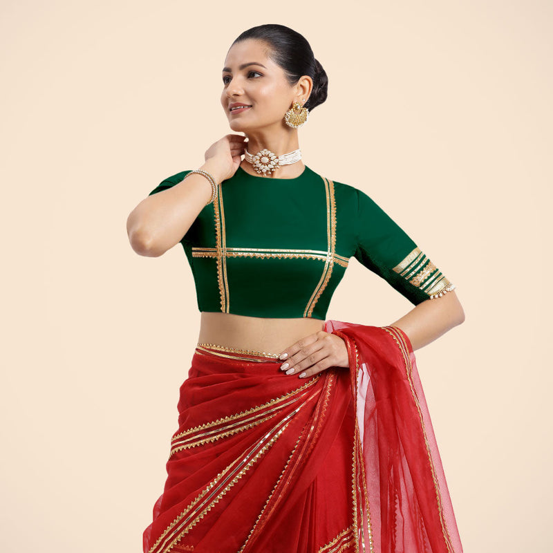 Farheen x Tyohaar | Bottle Green Embellished Elbow Sleeves FlexiFit™ Saree Blouse with Zero Neck with Back Cut-Out and Golden Gota Embellishment-Binks