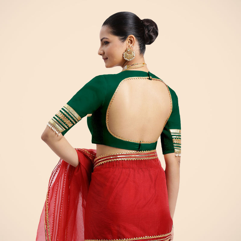 Farheen x Tyohaar | Bottle Green Embellished Elbow Sleeves FlexiFit™ Saree Blouse with Zero Neck with Back Cut-Out and Golden Gota Embellishment-Binks