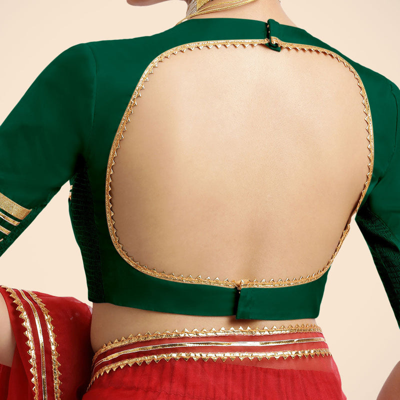 Farheen x Tyohaar | Bottle Green Embellished Elbow Sleeves FlexiFit™ Saree Blouse with Zero Neck with Back Cut-Out and Golden Gota Embellishment-Binks