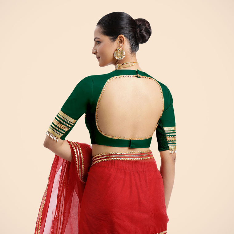 Farheen x Tyohaar Saree Blouse, in Green Vegan Silk, featuring elbow sleeves, made for party & festive (view 2).
